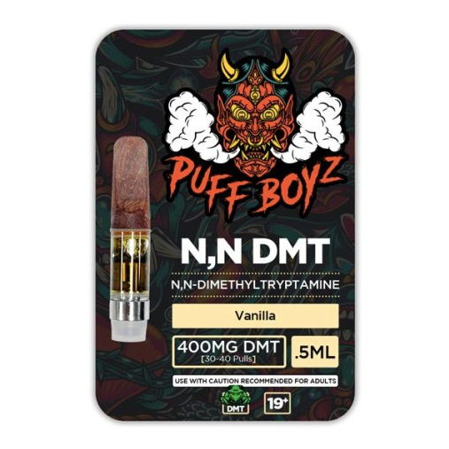Vanilla Puff Boyz DMT 400mg vape cartridge in a 0.5ml tank