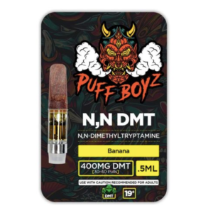 Banana Puff Boyz DMT 400mg vape cartridge in a 0.5ml tank