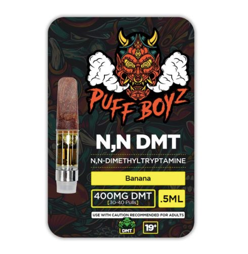 Banana Puff Boyz DMT 400mg vape cartridge in a 0.5ml tank