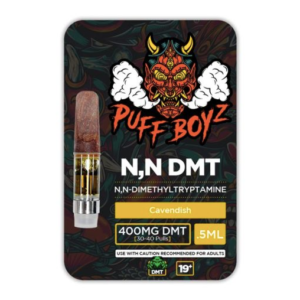 Cavendish Puff Boyz DMT 400mg vape cartridge in a 0.5ml tank