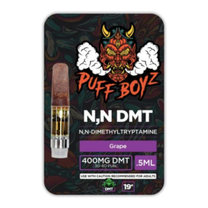 Grape Puff Boyz DMT 400mg vape cartridge in a 0.5ml tank