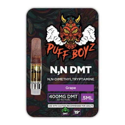 Grape Puff Boyz DMT 400mg vape cartridge in a 0.5ml tank