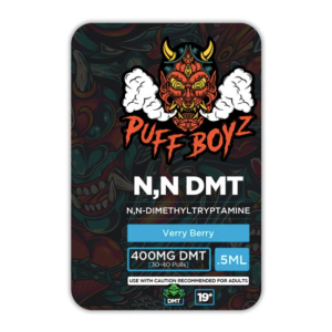 Very Berry Puff Boyz DMT 400mg vape cartridge in a 0.5ml tank