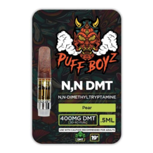 Pear Puff Boyz DMT 400mg vape cartridge in a 0.5ml tank