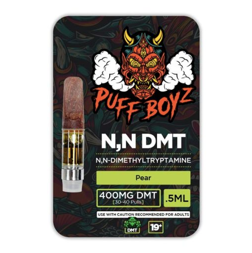 Pear Puff Boyz DMT 400mg vape cartridge in a 0.5ml tank