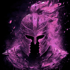 Digital artwork of a glowing magenta helm dissolving into drifting particles