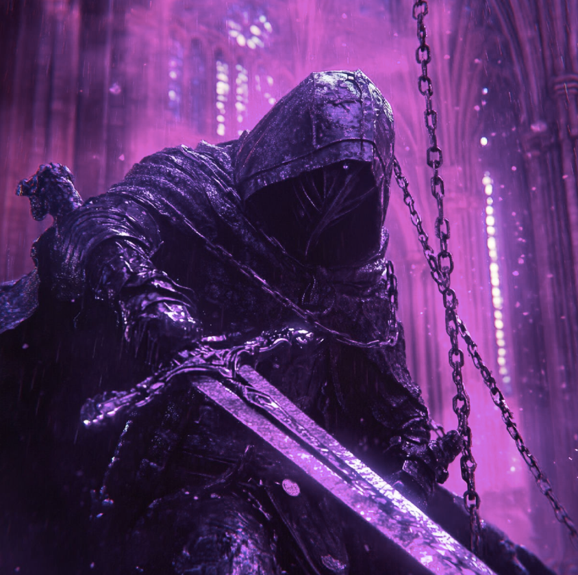 Digital artwork of a hooded figure holding a glowing blade in a violet-lit hall